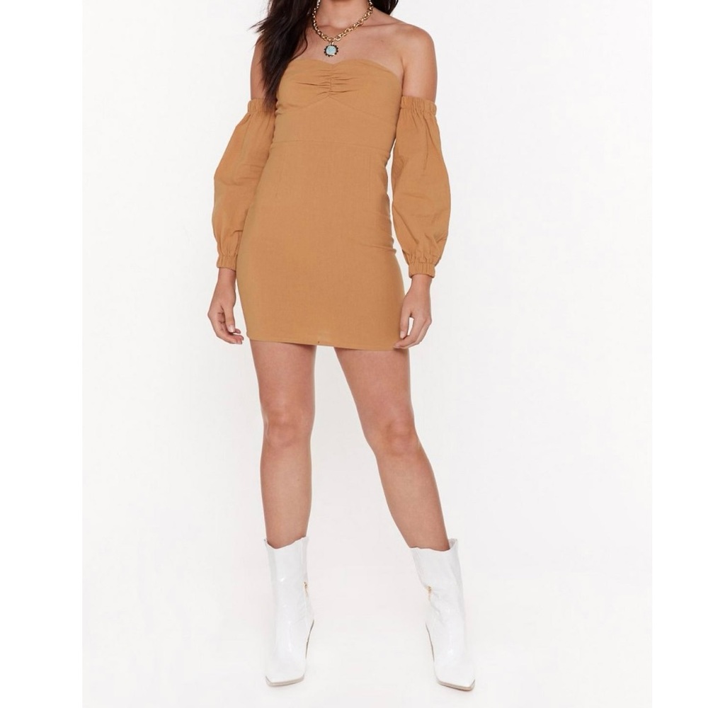 Take Off-the-Shoulder Puff Sleeve Dress in color Turmeric